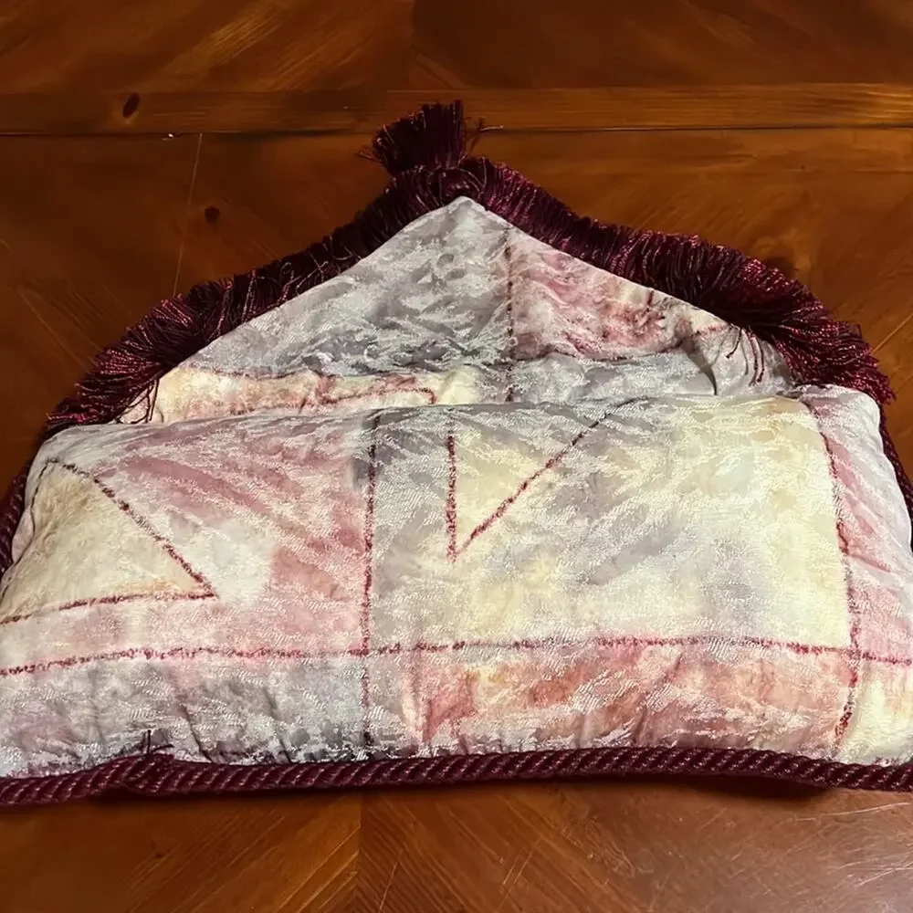 Beige & Burgundy Brocade Envelope Throw Pillow with Fringe Handmade